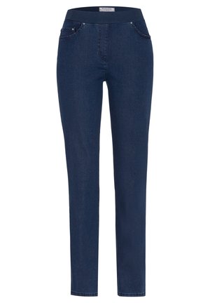Donkerblauwe spijkerbroeken van denim met een rekbare tailleband, voorzien van twee voorzakken en subtiele stikseldetails. Slanke pasvorm met een rechte pijp.