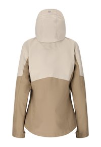 Tweekleurige beige en lichtbruine waterdichte jas met capuchon, lange mouwen en verstelbare manchetten, gezien van achteren.