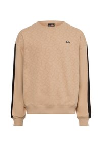 Sudadera beige con patrón geom�étrico en relieve, paneles laterales negros, cuello redondo y puños acanalados. Pequeño logo en el pecho.