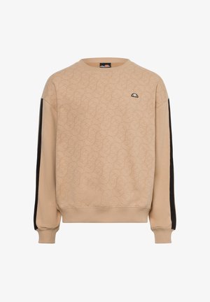 Sudadera beige con patrón geométrico en relieve, paneles laterales negros, cuello redondo y puños acanalados. Pequeño logo en el pecho.