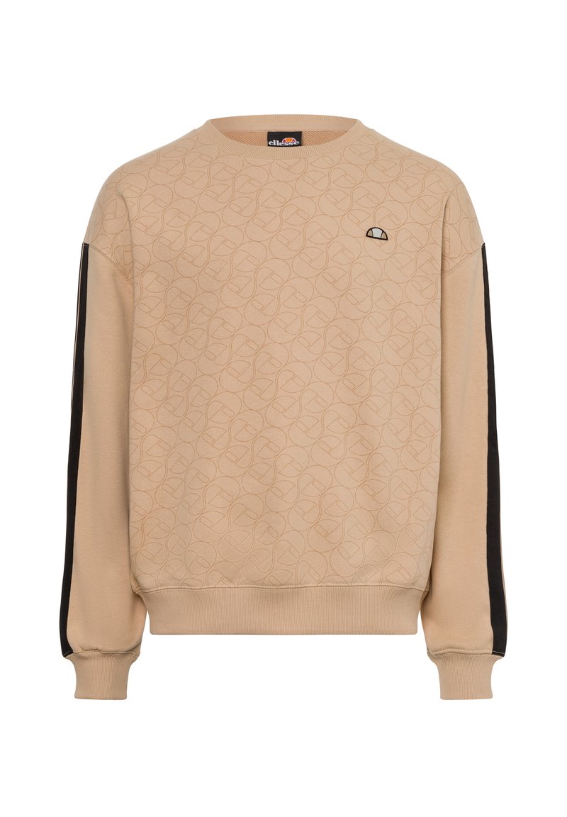 Sudadera beige con patrón geométrico en relieve, paneles laterales negros, cuello redondo y puños acanalados. Pequeño logo en el pecho.