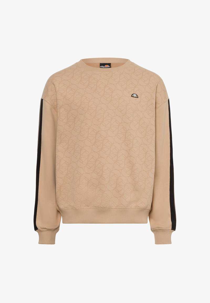 Sudadera beige con patrón geométrico en relieve, paneles laterales negros, cuello redondo y puños acanalados. Pequeño logo en el pecho.