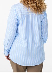 Vaaleansininen pitkähihainen paita, jossa on valkoisia pitkiä raidoituksia, takakappaleen sauma, poimutettu yksityiskohta ja pyöreä helma. Pehmeä kangas.