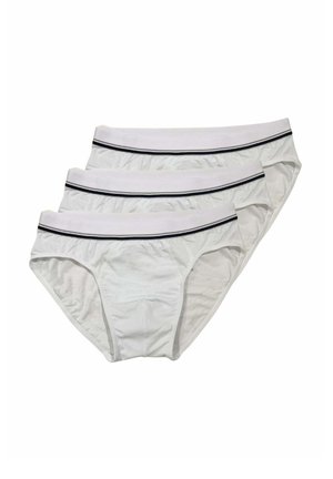 Tre slip bianchi da uomo con vita elastica caratterizzati da una sottile striscia nera, disposti sovrapposti su sfondo bianco.
