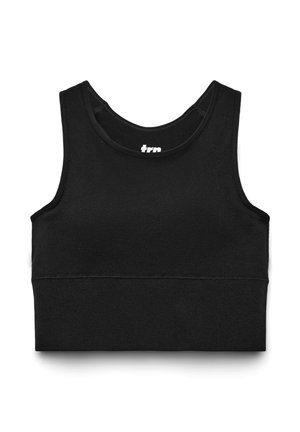 Top corto nero realizzato in tessuto liscio ed elastico. Presenta una scollatura rotonda e spalline larghe, con cuciture visibili e logo all'interno.