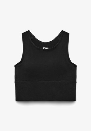 Top corto nero realizzato in tessuto liscio ed elastico. Presenta una scollatura rotonda e spalline larghe, con cuciture visibili e logo all'interno.