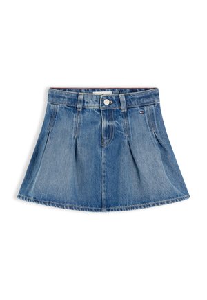 Denimblå mininederdel med plisseringer, bæltestropper, frontknapper, lynlåslukning og lille Tommy Hilfiger flaglogo på det højre lommeområde.