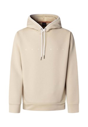 Sudadera con capucha beige de manga larga, con cordones blancos y la palabra "HACKETT" impresa en el pecho en letras blancas pequeñas.