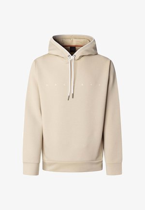 Felpa beige con cappuccio e maniche lunghe, cordoncini bianchi e la parola "HACKETT" stampata sul petto in piccole lettere bianche.