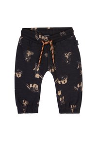 Schwarze Baumwollhosen mit Illustrationen von Waschbären, elastischem Bund mit geflochtenem Kordelzug und elastischen Bündchen.