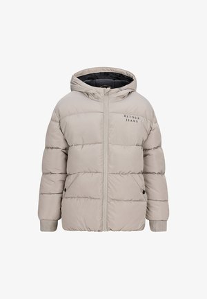 Puffer jacket in light beige with a hood, front zipper, and black interior lining. Features stitched sections and logo accent on the chest.