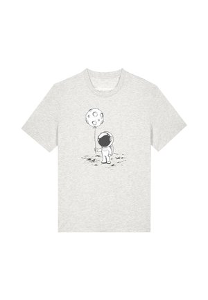T-shirt gris clair avec une illustration en noir et blanc d'un astronaute tenant un ballon en forme de lune debout sur une surface cratérisée.