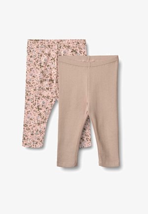 Kaksipaketti leggings: yksi tasainen beige, yksi vaaleanpunainen kukkakuviolla. Pehmeä kangas, joustava vyötärö, nilkkapituinen muotoilu.