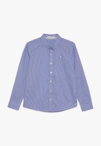 Långärmad blårandig skjorta med klassisk krage, framknäppning och en liten broderad logotyp på vänster bröst.