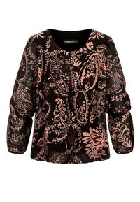 Blusa nera a maniche lunghe con motivo floreale nei toni del rosa chiaro e burgundy. Presenta un collo rotondo e polsini elasticizzati.