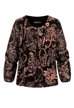 Črna bluzica dolgimi rokavi s cvetličnim vzorcem v svetlo roza in burgundski barvi. Ima okroglo izrez in elastične manšete.