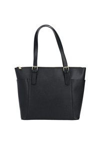 Czarna skórzana torba na ramię z podwójnymi paskami, złotymi akcentami z klamrami i zamknięciem na zamek błyskawiczny, ukazana na białym tle.