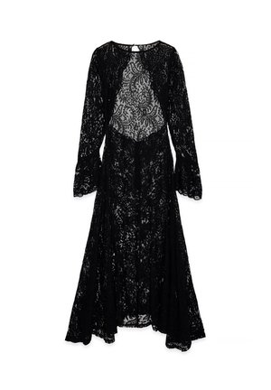 Abito in pizzo nero con maniche lunghe, apertura frontale, orlo a pavimento, intricata fantasia floreale e un design a strati per maggiori texture.