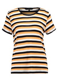 Pruhované tričko s horizontálními pruhy v oranžové, bílé a černé barvě. Krátké rukávy, kulatý výstřih a volný střih. Směs bavlny.