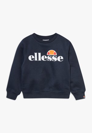 Mørkeblå sweatshirt med hvidt "ellesse" logo og orange halvcirkelsymbol på brystet, ribstrikkede manchetter og kant, lille logo på venstre ærmekant.