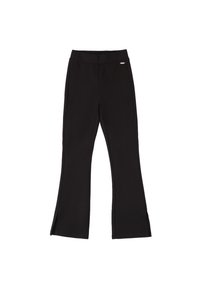 Leggings neri a campana realizzati in morbido tessuto elasticizzato. Presentano una vita alta e fessure laterali all'orlo per un tocco di stile e movimento.
