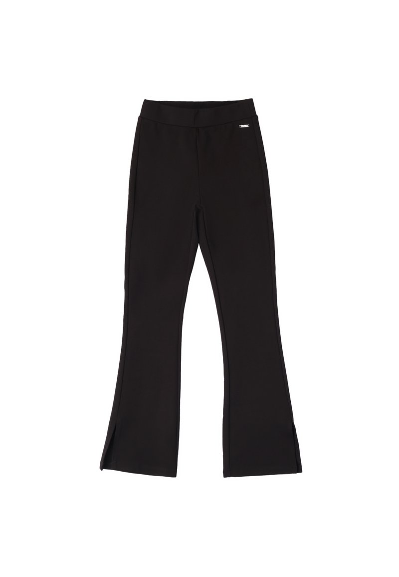 Leggings neri a campana realizzati in morbido tessuto elasticizzato. Presentano una vita alta e fessure laterali all'orlo per un tocco di stile e movimento.