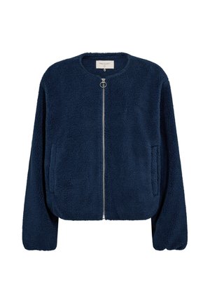 Marineblauwe sherpa fleece jas met lange mouwen, ronde halslijn, ritssluiting aan de voorkant met ronde trekker en zijzakken.