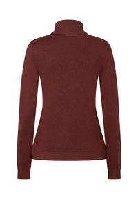 Bordeauxfarbener Rollkragenpullover, lange Ärmel, aus weichem Strickmaterial. Gerippte Details am Kragen und Saum, taillierte Silhouette mit glatter Textur.