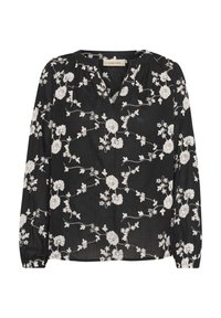 Blusa nera con scollatura a V e maniche lunghe, decorata con ricami floreali bianchi su tutta la superficie. Leggera con una finitura leggermente strutturata.