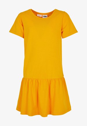 Kollane lühikeste varrukatega puuvillane kleit. Omab keha pealset ja laienevat, volangiga seelikut. Sile tekstuur, ilma mustrite või aktsentideta.