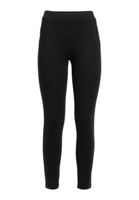 Zwarte leggings met een aansluitend ontwerp, gemaakt van rekbare stof. Heeft een hoge tailleband en een soepele textuur, zonder zichtbare naden of patronen.