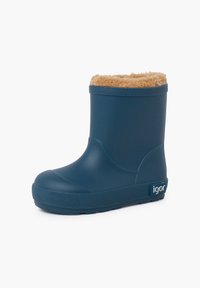Bota de goma azul con una suela texturizada, forro de piel sintética en la parte superior y un logotipo en el lado. Acabado liso y diseño de punta redondeada.