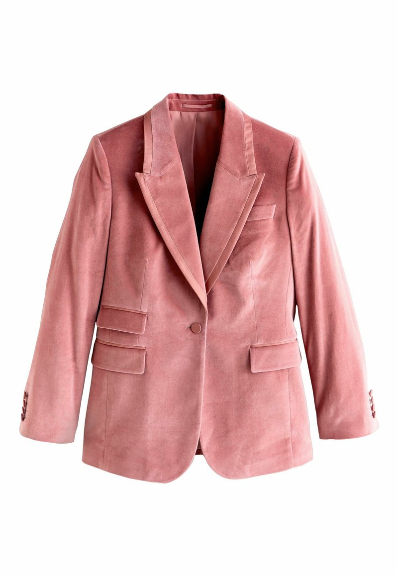 Pink velvet blazer with notch lapels, two front pockets, single button closure, and three-button accents on the sleeves. Smooth texture.