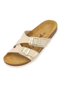 Sandale beige à deux brides avec boucles réglables, semelle intérieure en liège et semelle en caoutchouc texturé. Fini lisse et brillant sur les brides.