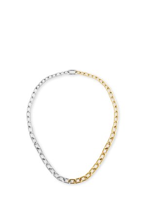 Halskette mit Gliedern, zur Hälfte in Silber- und zur Hälfte in Goldton, oben durch einen ovalen Verschluss verbunden.