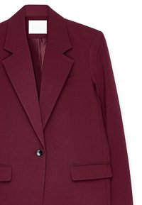 Blazer bordeaux avec un design structuré, des revers en notch, deux poches avant et une fermeture à un bouton noir. Texture de tissu lisse.