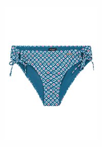 Tyrkysové bikini kalhotky s geometrickým vzorem v modré, růžové a bílé. Obsahují nastavitelné boční pásky a hladký, elastický materiál.