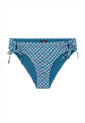 Žalsvas bikini apatinių dalis su geometriniu raštu rožine ir balta spalvomis. Turi reguliuojamas šonines raištelius ir lygų vidinį pamušalą.