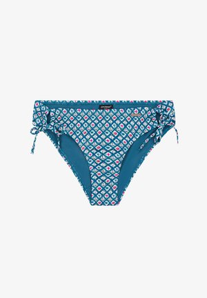 Tyrkis bikiniunderdel med geometrisk mønster i pink og hvid. Har justerbare snore i siderne og en glat indvendig foring.