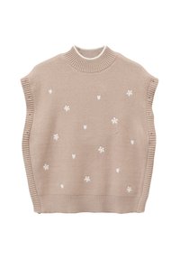 Maglione beige lavorato a maglia con maniche corte, caratterizzato da ricami floreali bianchi. Collo e orlo a coste, texture strutturata su tutta la superficie.