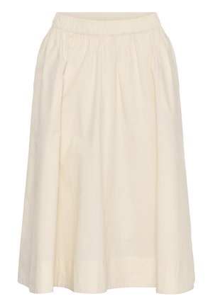Jupe midi couleur crème avec taille élastique et léger plissé, présentée sur fond blanc.