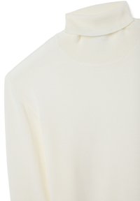 Cremefarbener Rollkragenpullover aus weichem Stoff, mit hohem Kragen, nahtlosen Schultern und glatter Textur. Minimalistisches Design.