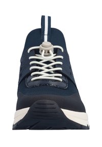 Navy blue athletic shoe with a mesh upper, elastic laces, and a molded rubber sole. Features a pull tab and contrasting white accents.