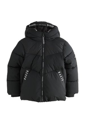 Sort dunjakke med hætte, der har lynlås foran, vertikal branding og quiltet tekstur. Indeholder sidelommer og et rundt logo-patch.