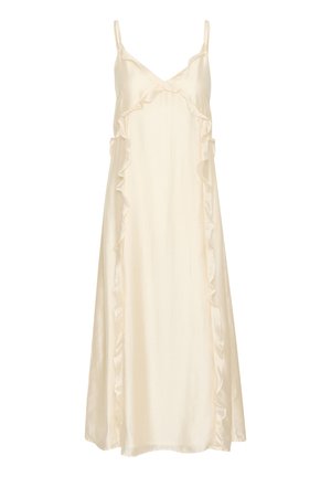 Kreemist siidist kleit V-kaelusega, reguleeritavad rihmad ja volangiga äärised esiosas ja külgedel, voolates keskmise sääre pikkuseni.