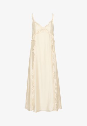 Rochie din satin crem cu decolteu în V, bretele reglabile și margini ondulate pe partea din față și pe laterale, care se întinde până la lungimea de mijloc a vițelului.