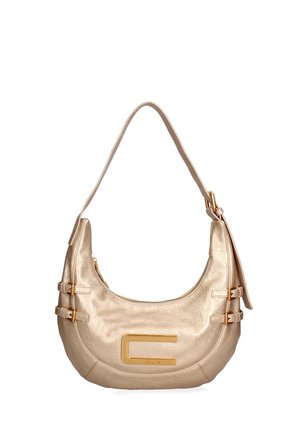 Metallic gold leather handbag with a curved shape, single shoulder strap, two buckle accents, and a prominent logo at the front.