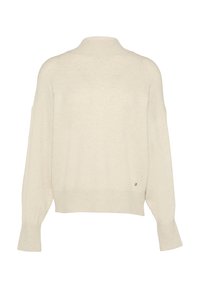 Pull en maille épaisse couleur crème avec un col montant, des épaules tombantes et des poignets côtelés. Texture douce avec une coupe décontractée.