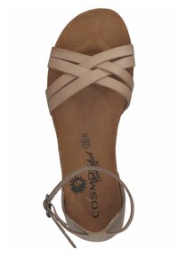Sandalo con cinturini incrociati di colore beige, con una soletta leggermente testurizzata e una cinghia alla caviglia regolabile, con il logo del marchio stampato all'interno.