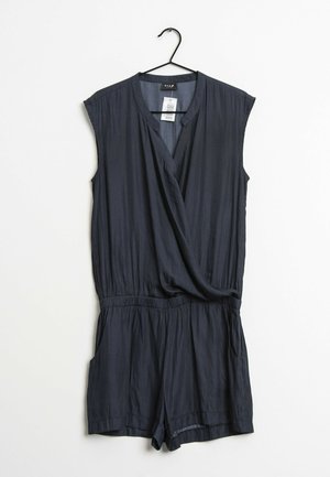 Marineblauwe mouwloze romper met een wikkelfront, elastische tailleband en twee zijzakken; gemaakt van lichtgewicht, soepele stof.
